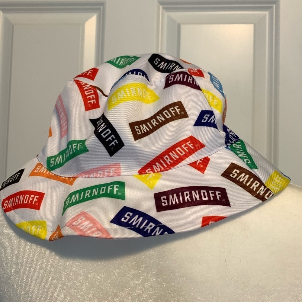 Smirnoff Vodka All Over Logo Print Bucket Hat Promo Party Colorful Rainbow White